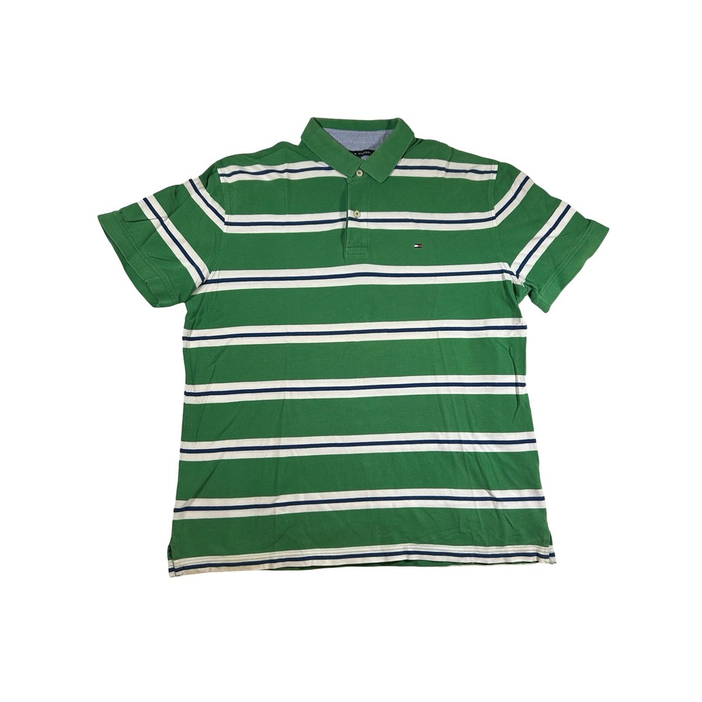 Tommy Hilfiger Mens XL Green Striped Short Sleeve Pique Polo Shirt